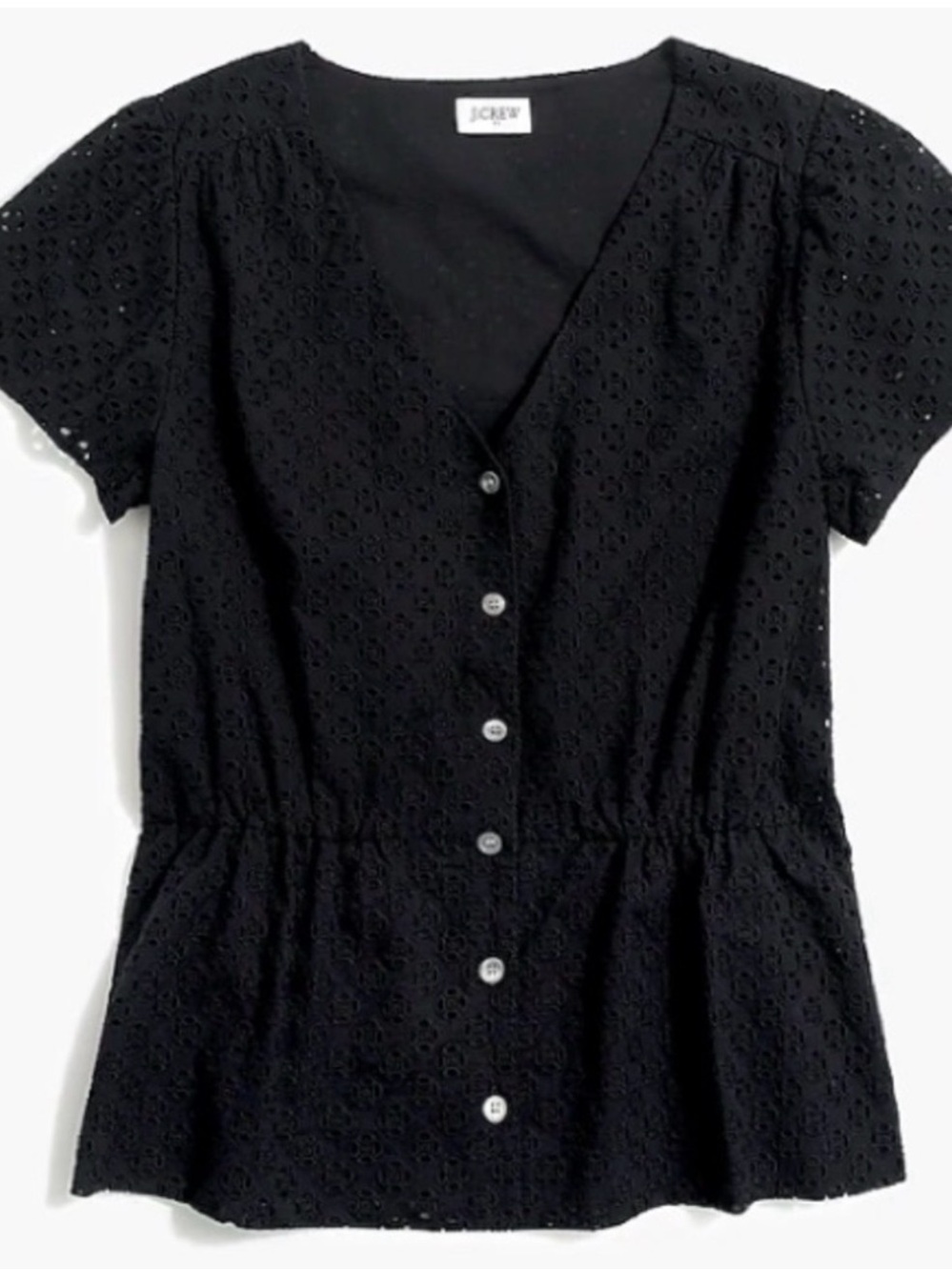 J. Crew Eyelet Peplum Short Sleeve Button Front Top Black Size 14
